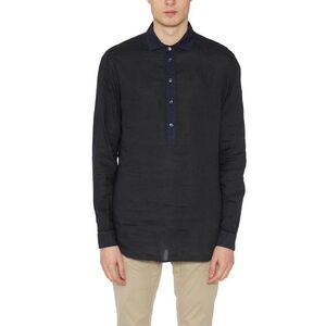 PAOLO PECORA Men's Long Sleeve Popover Shirt with Contrast Collar Men BLUE